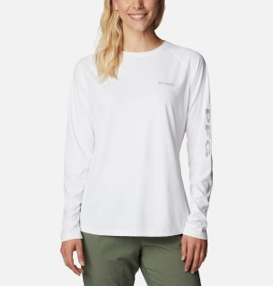 White Women's Columbia PFG Tidal Deflector Long Sleeve T-Shirt | HRYMD-7428