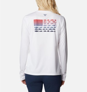 White Women's Columbia Tidal PFG Fish Flag Long Sleeve T-Shirt | GKSLP-0184