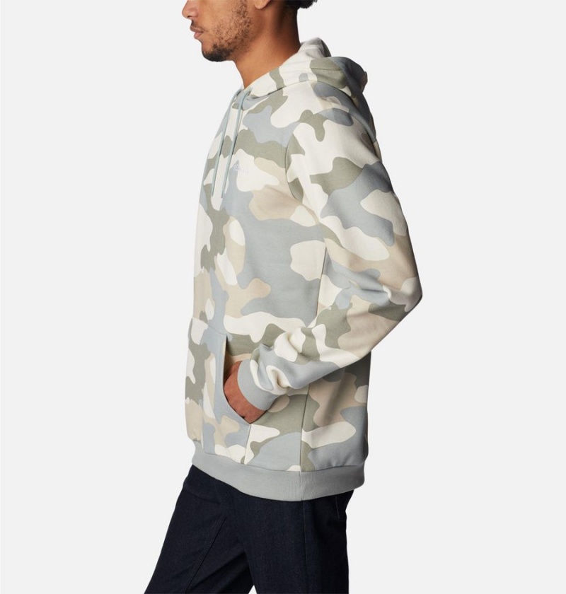 Beige Men's Columbia Logo Printed Hoodie | KWGEI-1629