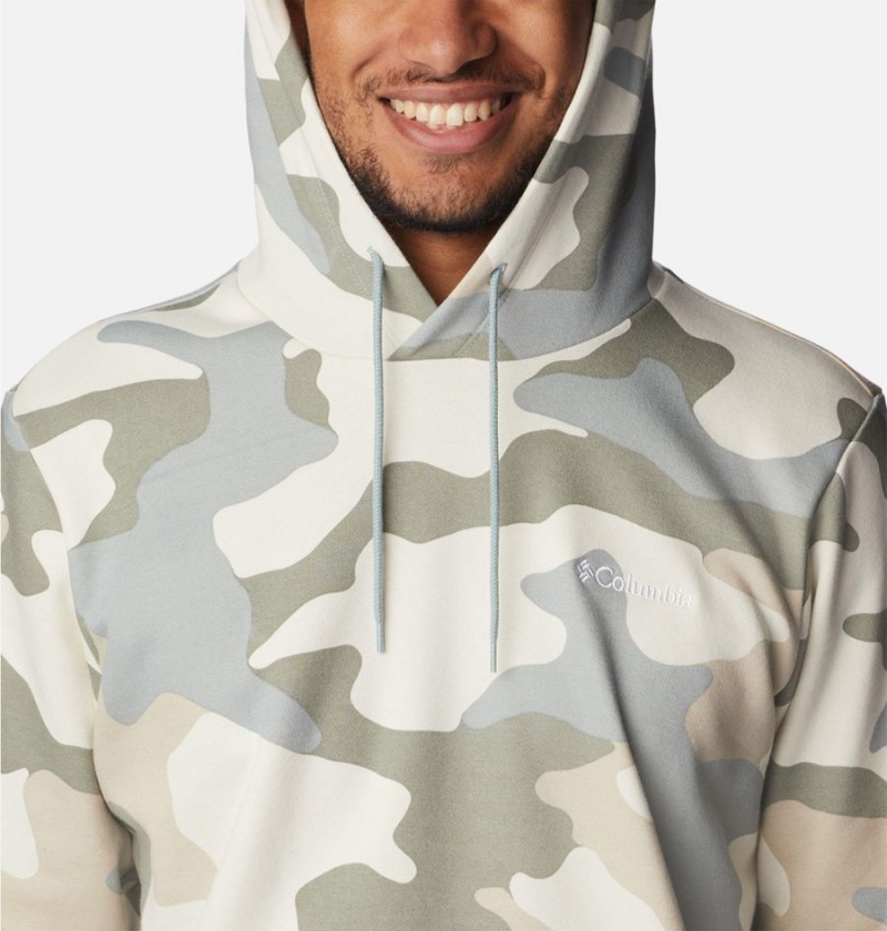 Beige Men's Columbia Logo Printed Hoodie | KWGEI-1629