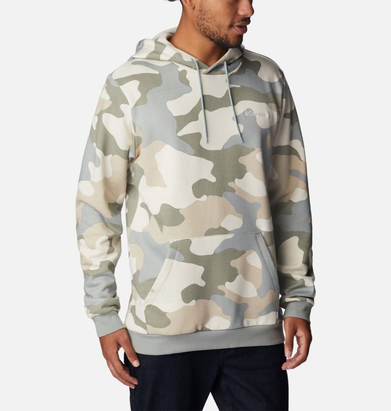 Beige Men's Columbia Logo Printed Hoodie | KWGEI-1629