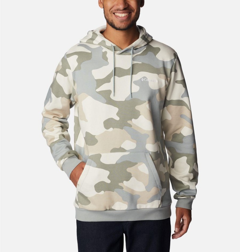 Beige Men\'s Columbia Logo Printed Hoodie | KWGEI-1629