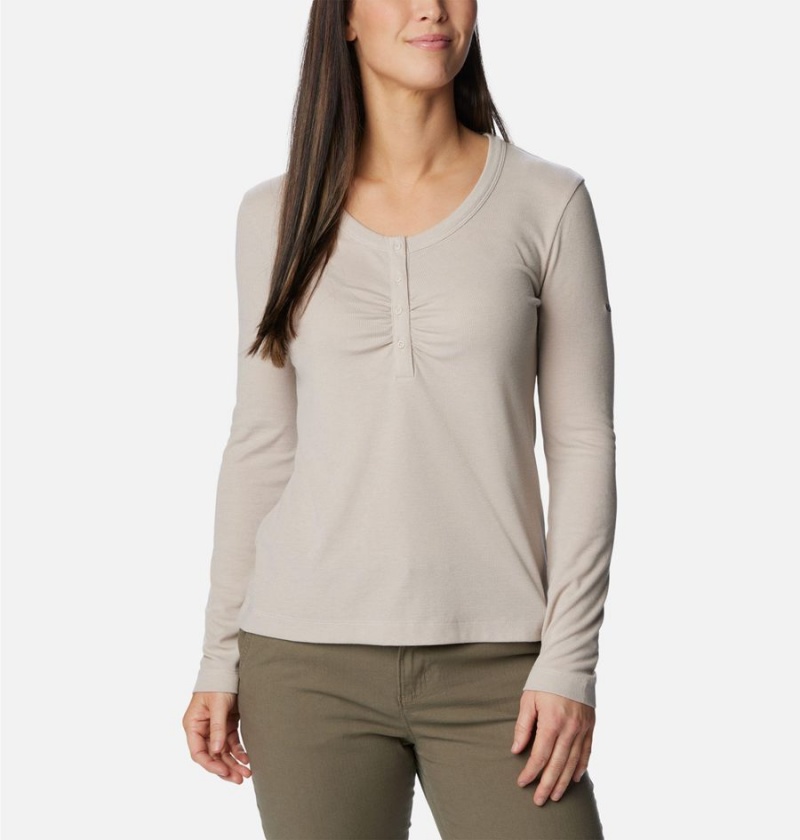 Beige Women\'s Columbia Calico Basin Ribbed Long Sleeve T-Shirt | GHKQC-7169