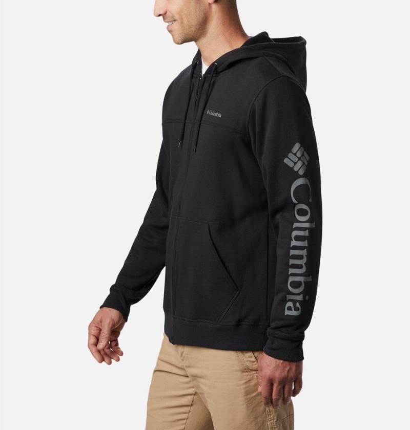 Black Men's Columbia Logo Full Zip Hoodie Fleece Jacket | RNCYA-5160