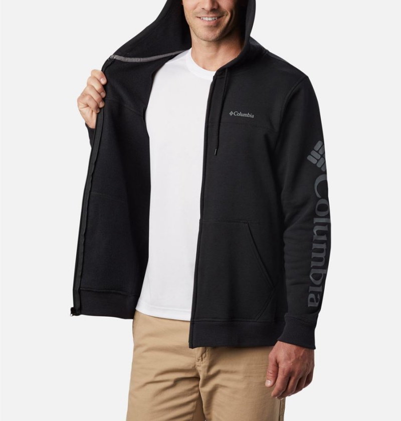 Black Men's Columbia Logo Full Zip Hoodie Fleece Jacket | RNCYA-5160