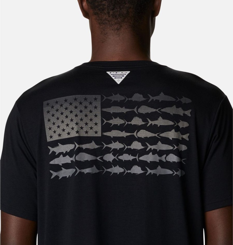 Black Men's Columbia PFG Fish Flag Tech Short Sleeve T-Shirt | VDLBO-0914