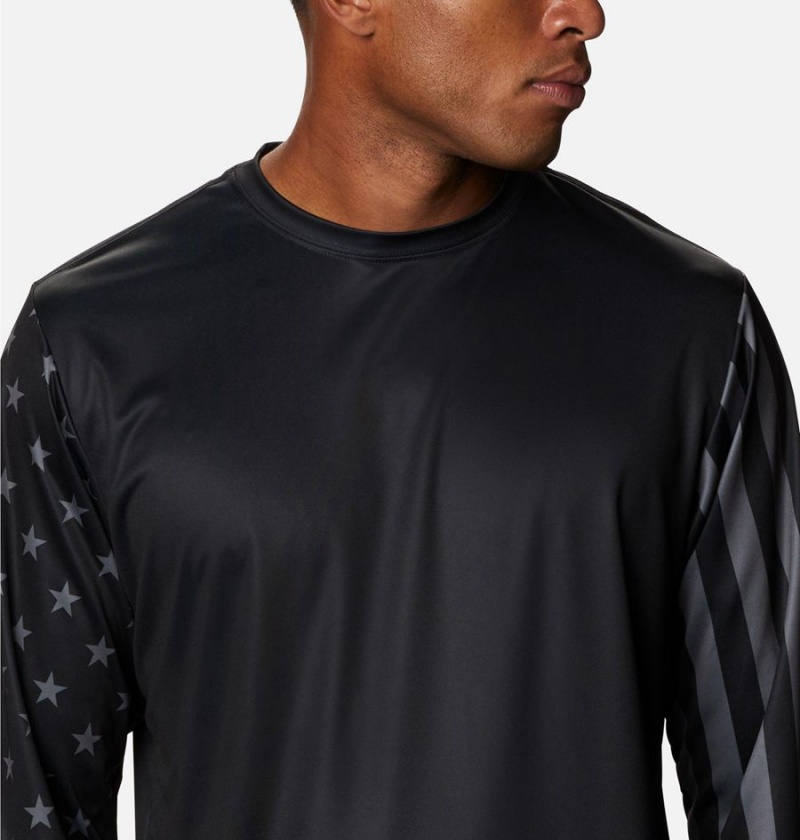 Black Men's Columbia PFG Terminal Tackle Americana Long Sleeve T-Shirt | QWUMV-8341