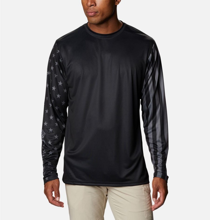 Black Men\'s Columbia PFG Terminal Tackle Americana Long Sleeve T-Shirt | QWUMV-8341