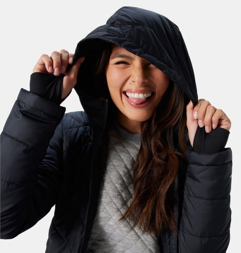 Black Women's Columbia Heavenly Long Hooded Puffer Jacket | AQIYX-4265