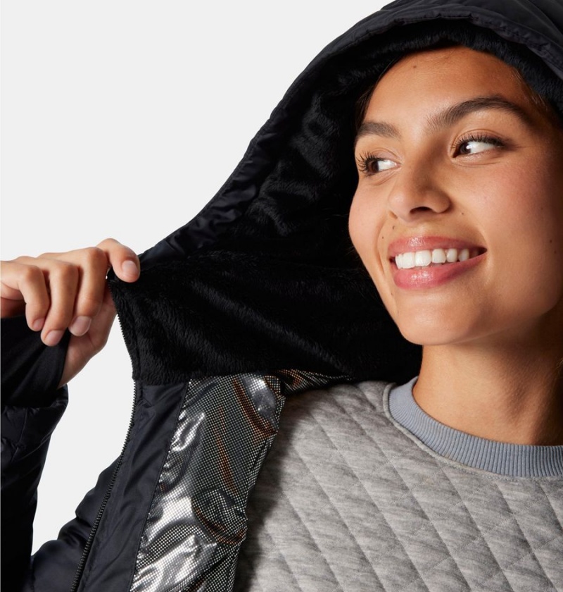 Black Women's Columbia Heavenly Long Hooded Puffer Jacket | AQIYX-4265