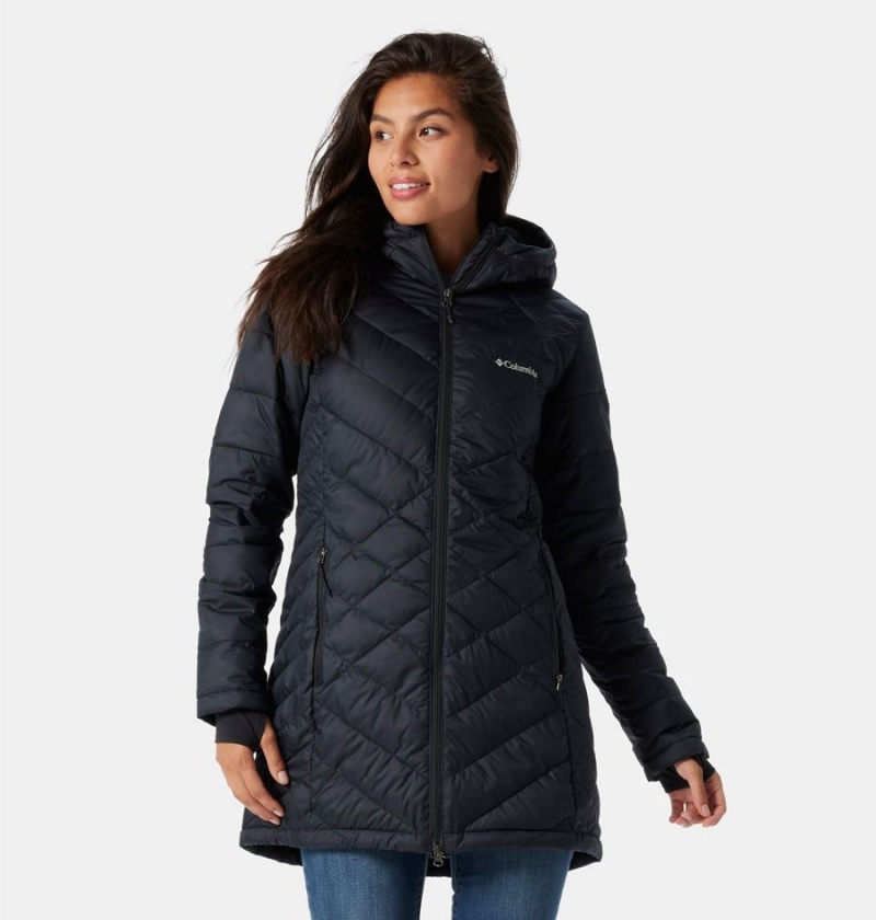 Black Women\'s Columbia Heavenly Long Hooded Puffer Jacket | AQIYX-4265