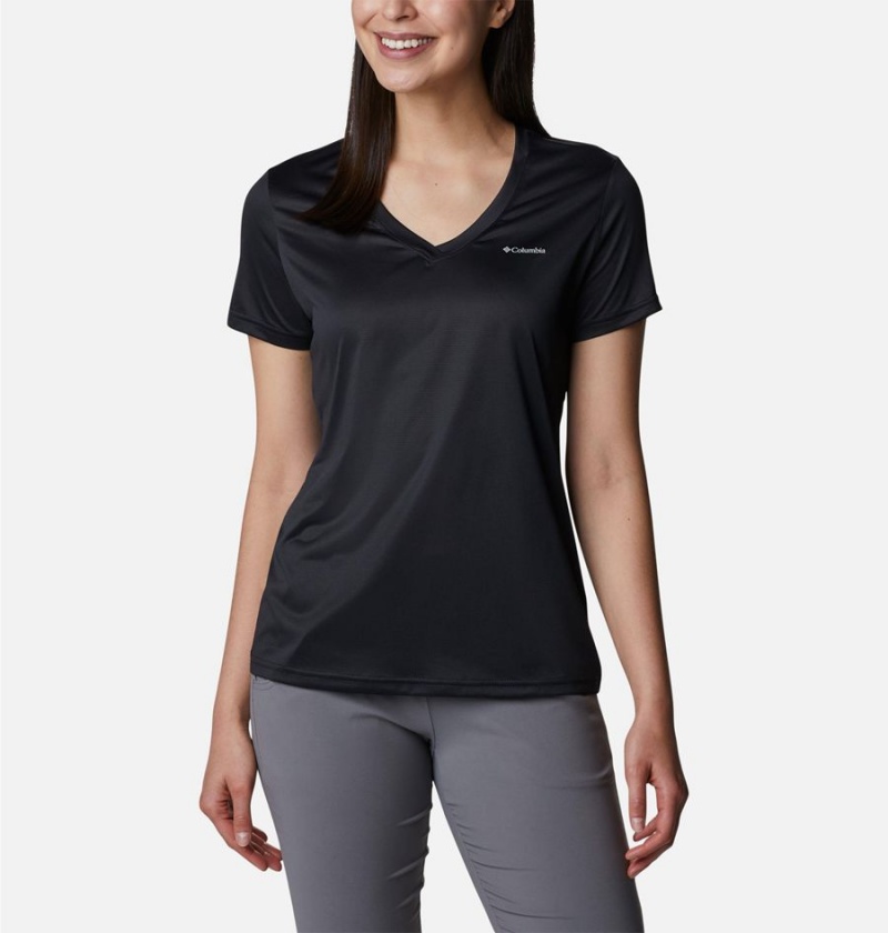 Black Women\'s Columbia Hike Short Sleeve V-Neck T-Shirt | MNZYP-7348