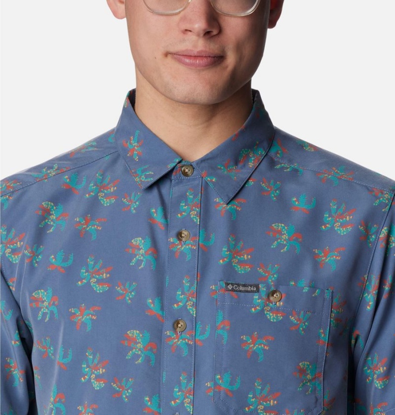 Blue Men's Columbia Captree Island Short Sleeve Shirt | VEWBU-0176