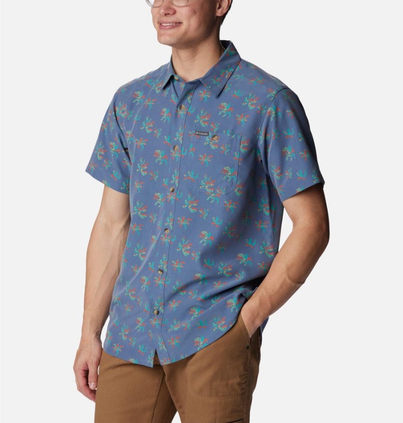 Blue Men's Columbia Captree Island Short Sleeve Shirt | VEWBU-0176