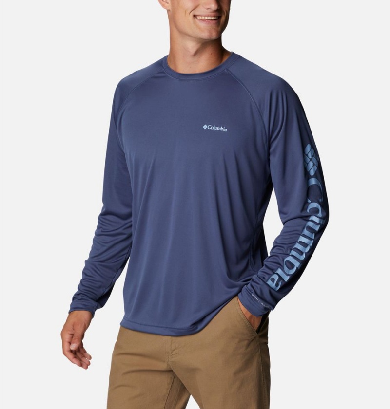 Blue Men's Columbia Fork Stream Long Sleeve T-Shirt | QKODV-0142