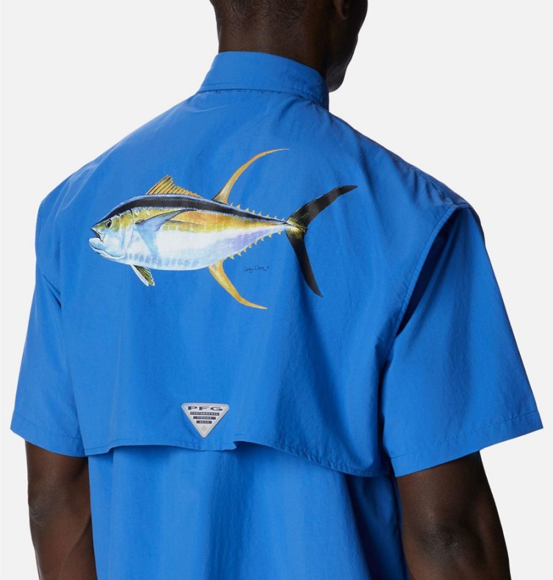 Blue Men's Columbia PFG Bahama Icon Short Sleeve Shirt | GMQOK-8794