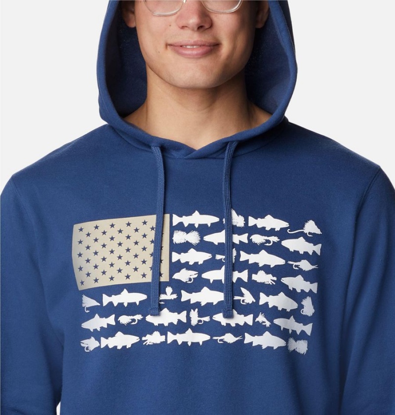 Blue Men's Columbia PFG Fish Flag II Hoodie | VCAHU-0468