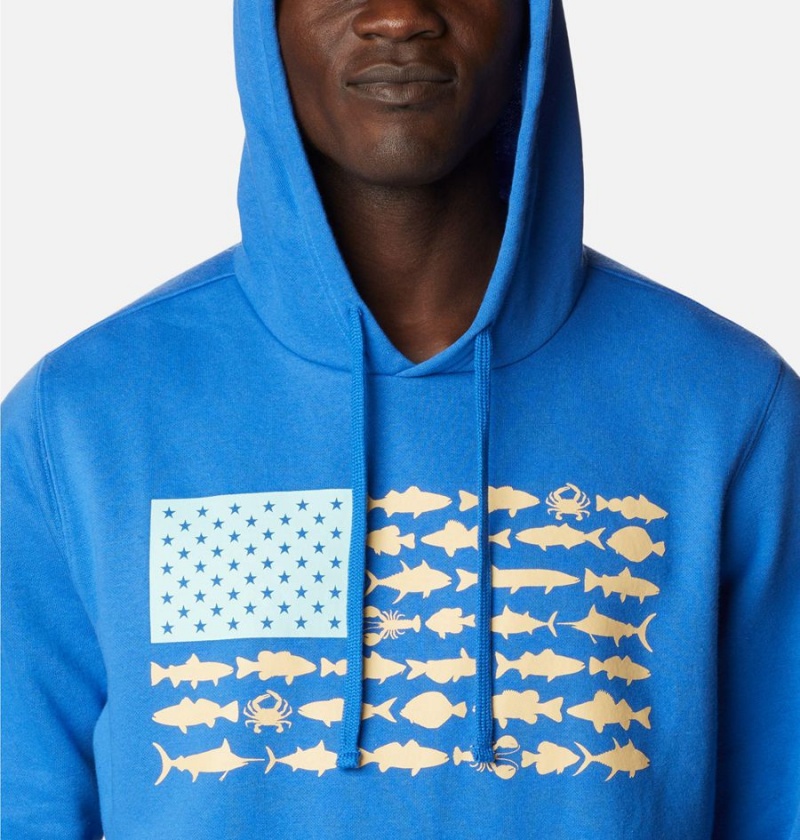 Blue Men's Columbia PFG Fish Flag II Hoodie | ENAPD-0925