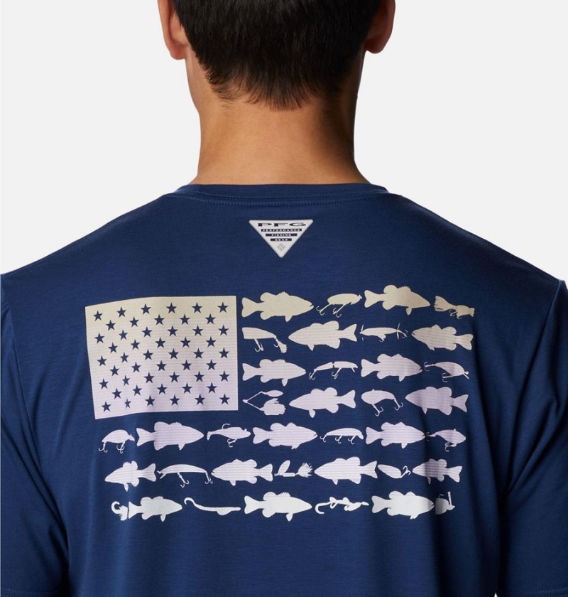 Blue Men's Columbia PFG Fish Flag Tech Short Sleeve T-Shirt | IFYEC-2840