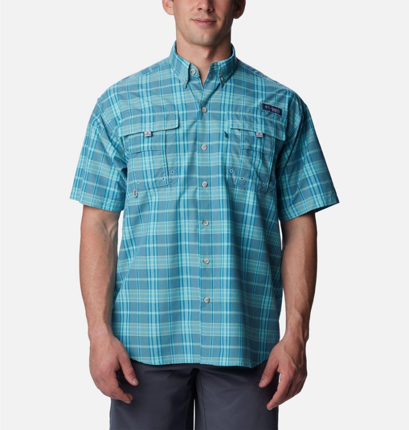 Blue Men\'s Columbia PFG Super Bahama Short Sleeve Shirt | AIQWD-8724