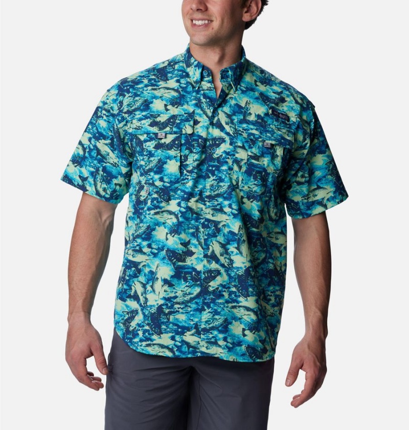 Blue Men\'s Columbia PFG Super Bahama Short Sleeve Shirt | QTPSU-1875