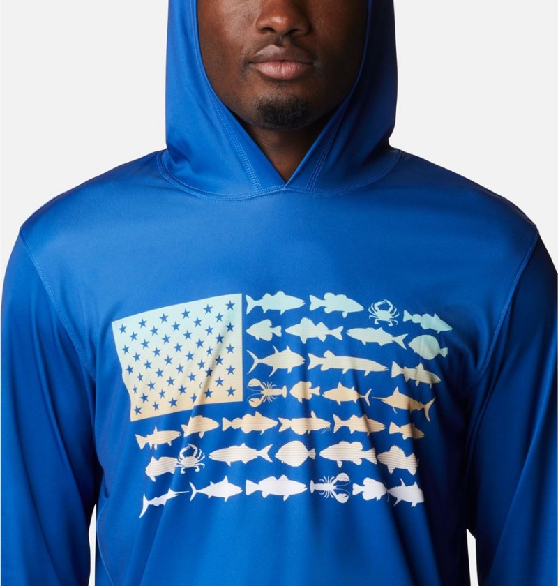 Blue Men's Columbia PFG Terminal Tackle Fish Flag Hoodie | WAQSF-3706