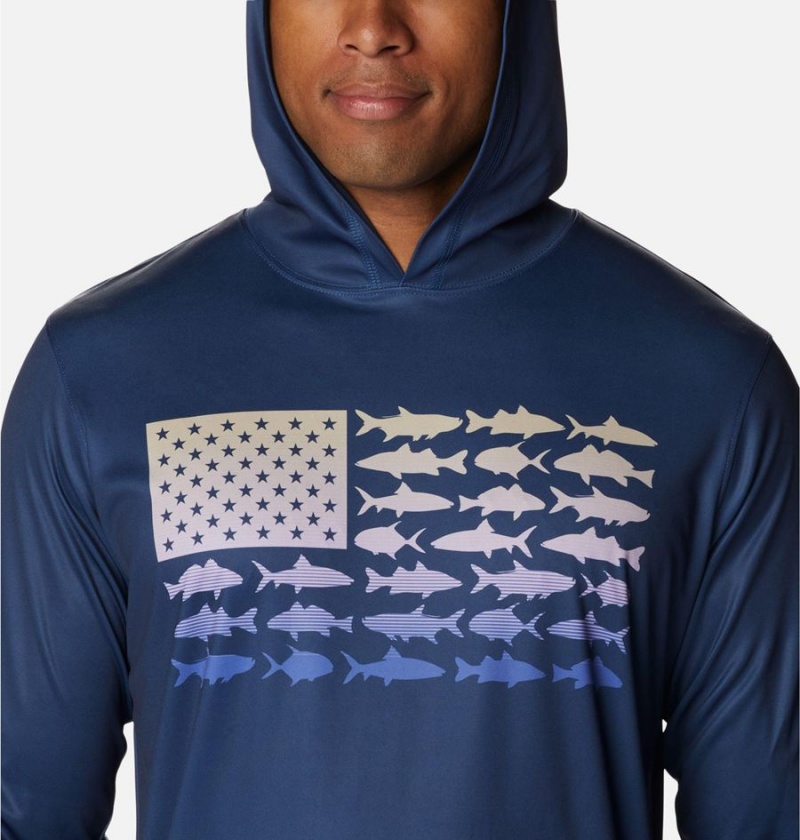 Blue Men's Columbia PFG Terminal Tackle Fish Flag Hoodie | LKJVO-5639