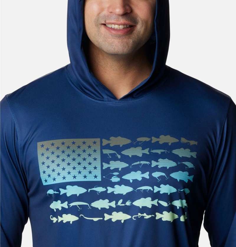 Blue Men's Columbia PFG Terminal Tackle Fish Flag Hoodie | AGKNS-5127