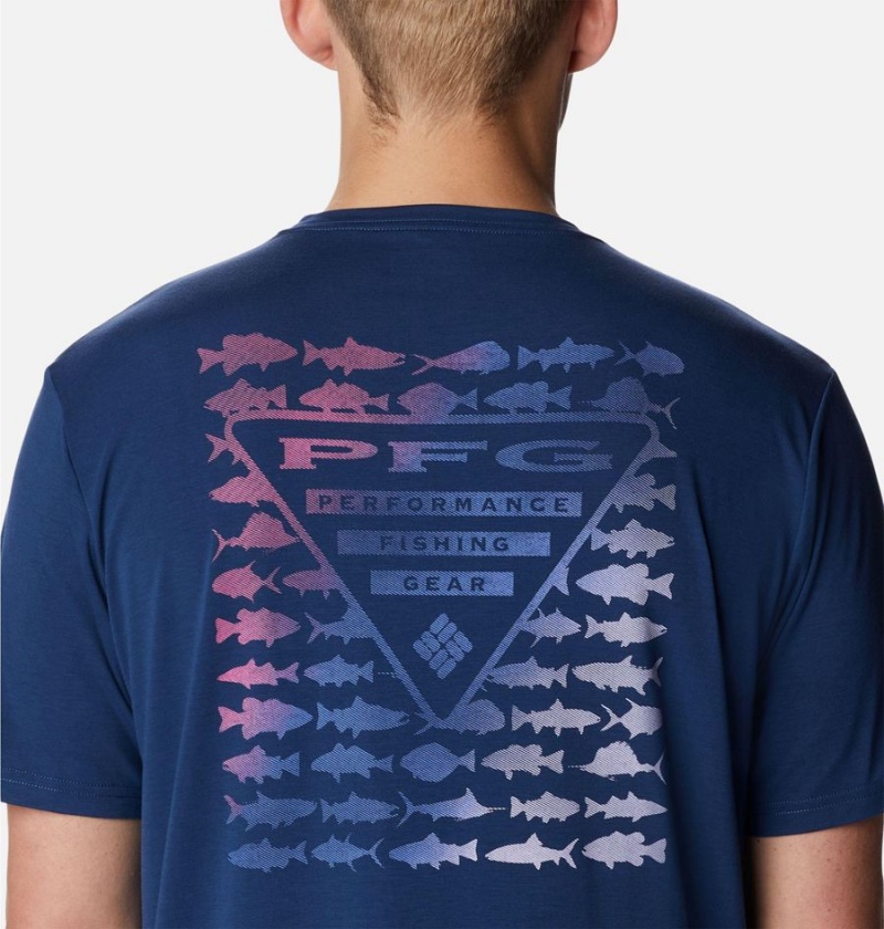 Blue Men's Columbia PFG Triangle Fill Tech T-Shirt | WNRBU-4395