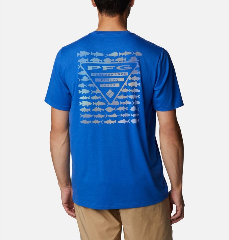 Blue Men's Columbia PFG Triangle Fill Tech T-Shirt | OWVEI-5467