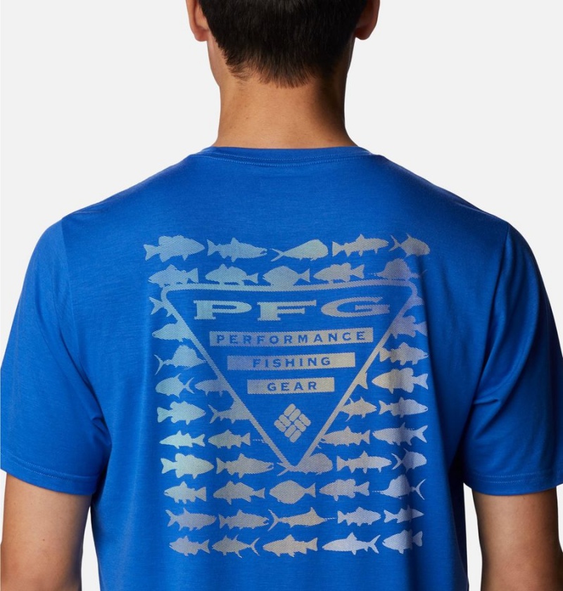 Blue Men's Columbia PFG Triangle Fill Tech T-Shirt | OWVEI-5467