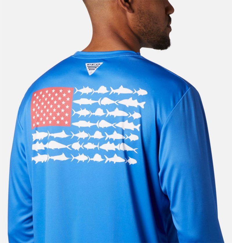 Blue Men's Columbia Terminal Tackle PFG Fish Flag Long Sleeve T-Shirt | RCBJS-9241