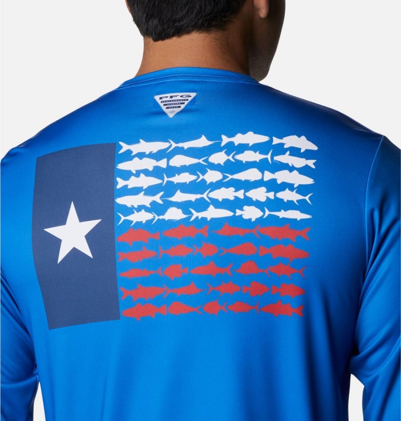 Blue Men's Columbia Terminal Tackle PFG Fish Flag Long Sleeve T-Shirt | TQSHI-4397