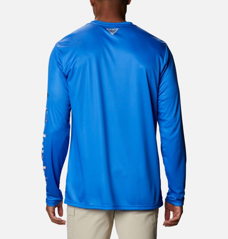 Blue Men's Columbia Terminal Tackle PFG Logo Print Long Sleeve T-Shirt | NVKLZ-0142