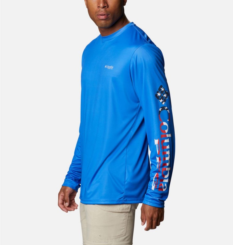 Blue Men's Columbia Terminal Tackle PFG Logo Print Long Sleeve T-Shirt | NVKLZ-0142