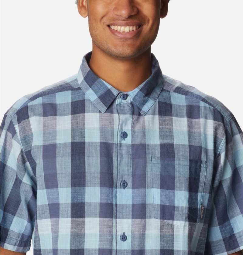 Blue Men's Columbia Under Exposure Yarn-Dye Short Sleeve Shirt | VIHOE-4812