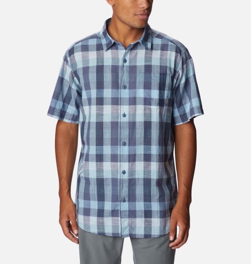 Blue Men\'s Columbia Under Exposure Yarn-Dye Short Sleeve Shirt | VIHOE-4812