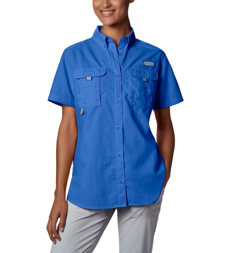 Blue Women's Columbia PFG Bahama Short Sleeve Shirt | OWVTH-3241