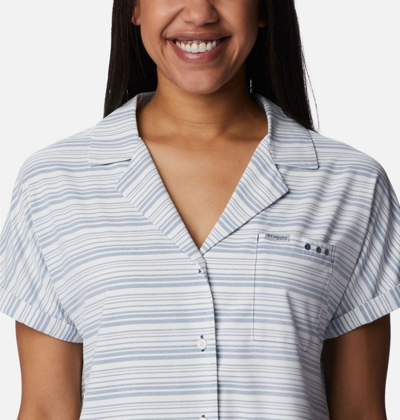 Blue Women's Columbia PFG Sun Drifter Woven Short Sleeve Shirt | YNHSC-8965