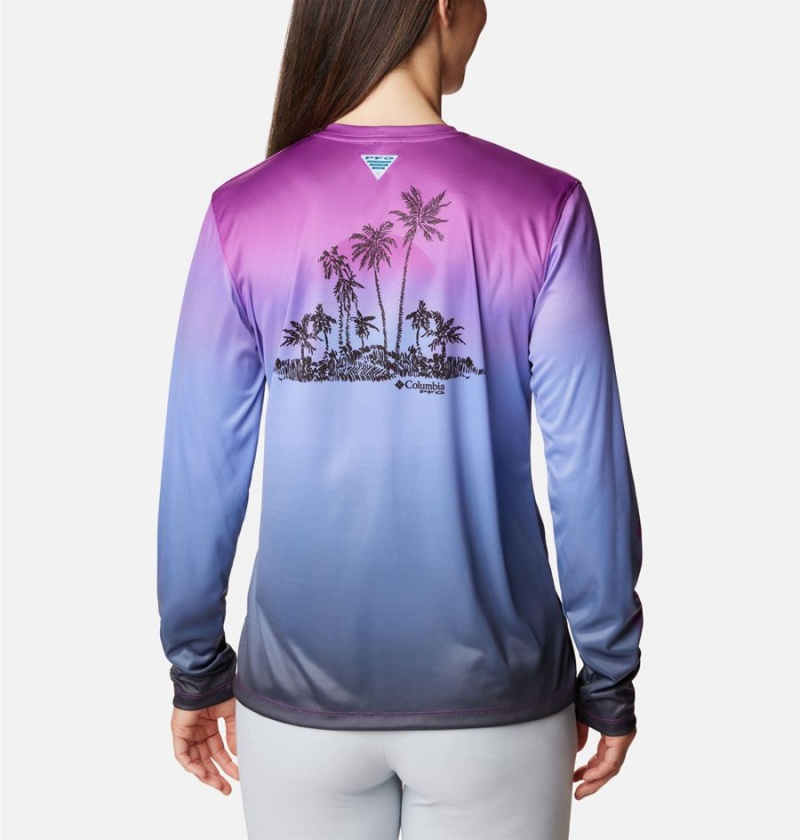 Blue Women's Columbia PFG Tidal Isle Rise Fade Long Sleeve T-Shirt | VGEHU-0213