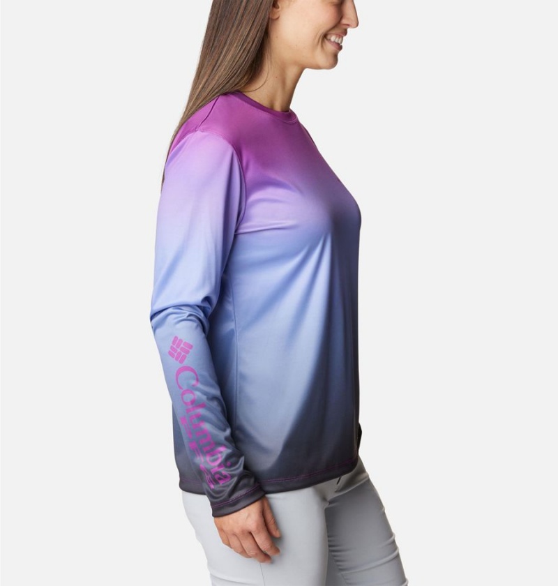 Blue Women's Columbia PFG Tidal Isle Rise Fade Long Sleeve T-Shirt | VGEHU-0213