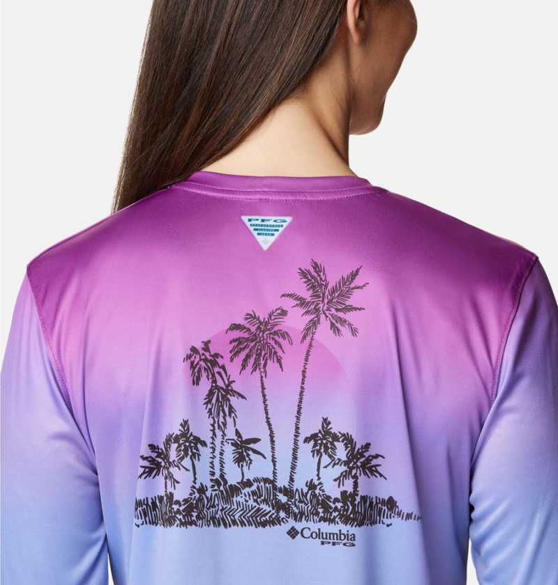 Blue Women's Columbia PFG Tidal Isle Rise Fade Long Sleeve T-Shirt | VGEHU-0213