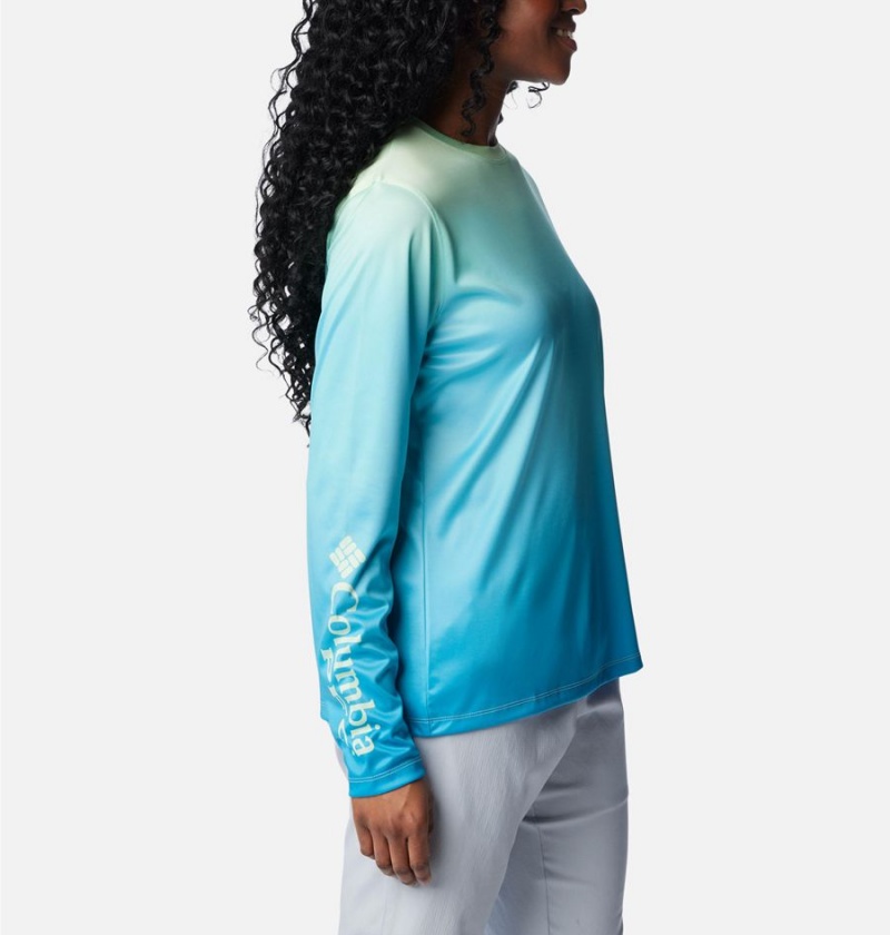 Blue Women's Columbia PFG Tidal Isle Rise Fade Long Sleeve T-Shirt | PZVKB-8301