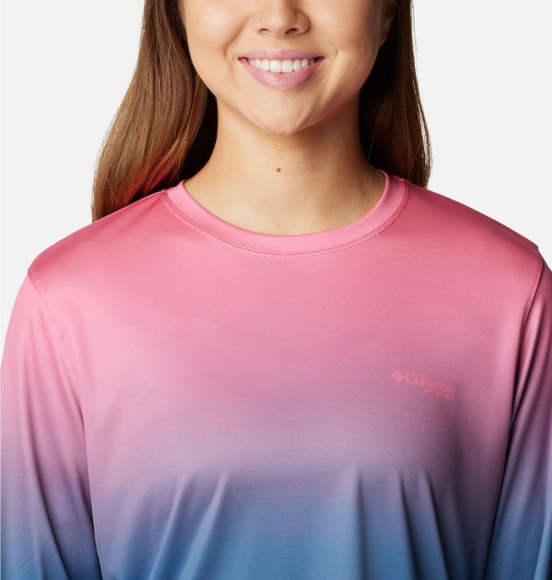 Blue Women's Columbia PFG Tidal Isle Rise Fade Long Sleeve T-Shirt | OBREU-0785