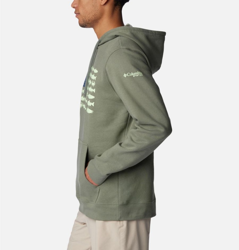 Green Men's Columbia PFG Fish Flag II Hoodie | VHPEO-3051