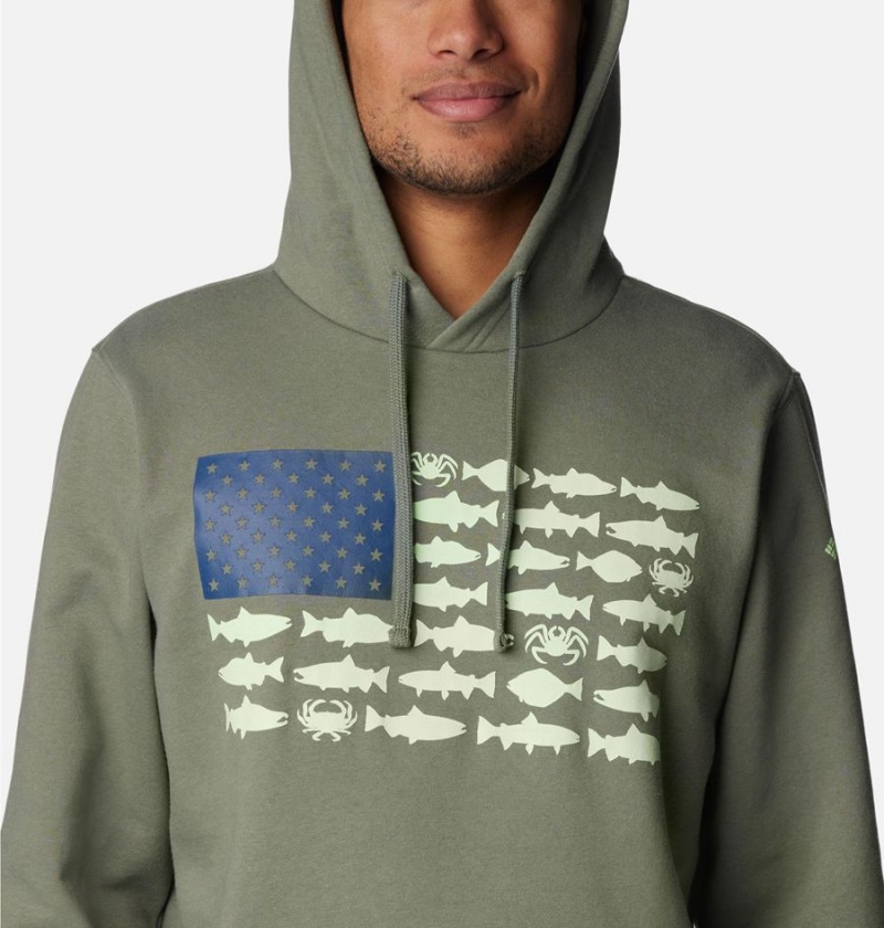 Green Men's Columbia PFG Fish Flag II Hoodie | VHPEO-3051