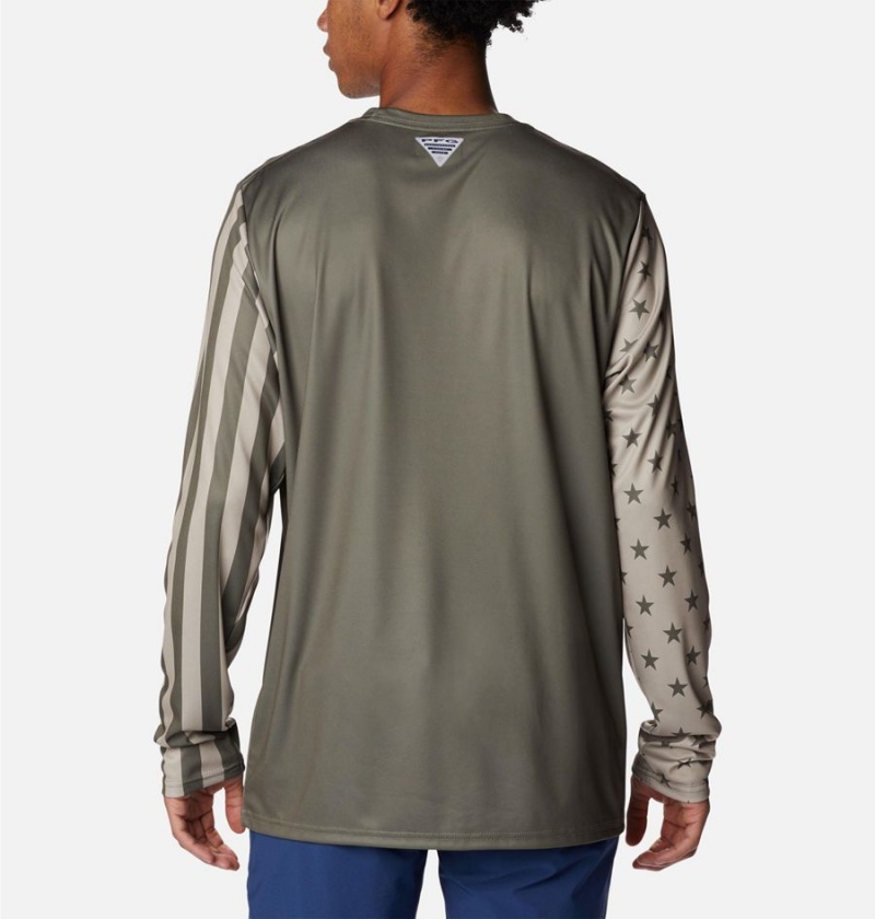 Green Men's Columbia PFG Terminal Tackle Americana Long Sleeve T-Shirt | PTZIF-5631