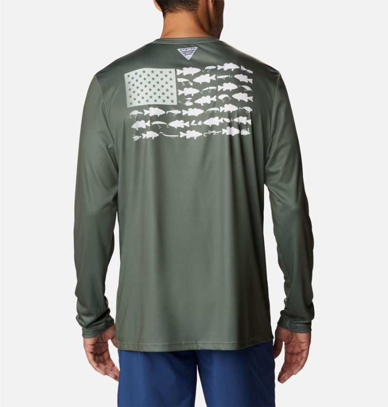 Green Men's Columbia Terminal Tackle PFG Fish Flag Long Sleeve T-Shirt | QKVCN-6401