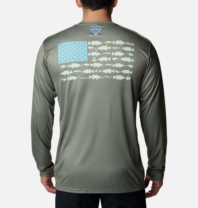 Green Men's Columbia Terminal Tackle PFG Fish Flag Long Sleeve T-Shirt | TIOAE-2091