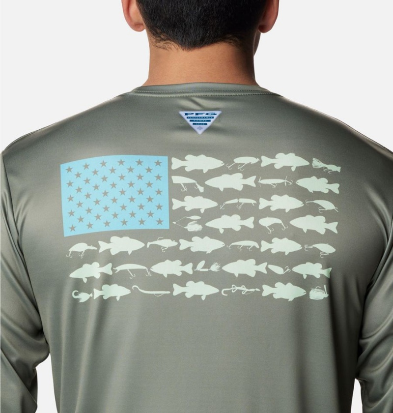 Green Men's Columbia Terminal Tackle PFG Fish Flag Long Sleeve T-Shirt | TIOAE-2091